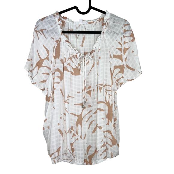 Jane + Delancy Palm Leaf  Flutter Short Sleeve Blouse Large White Tan Coastal - Picture 1 of 7